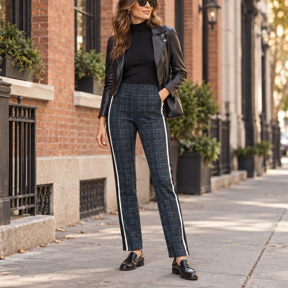 Lea & Viola Plaid Ponte Pull-On High Rise Pants Tuxedo Side Stripe XS